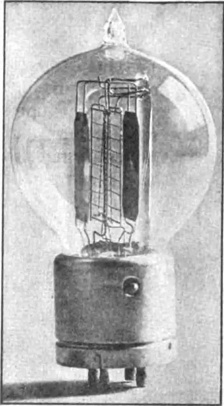 One of the first triode vacuum tubes, manufactured around World War 2 by Western Electric, the manufacturing arm of American Telephone and Telegraph (AT&T) Lee De Forest, the inventor of the triode, sold the rights to the triode to Western Electric in 1913. It consists of an evacuated bulb with three electrodes: a heated filament, grid, and plate The filament is in the center of the tube. The two connected grids cosisting of square screens of wire are visible on either side of the filament. The two square plates are outside the grids. When heated by a separate current the filament released electrons, which flowed from the filament in the center through the grids to the positively charged plates. A small variable voltage on the grid could control the much larger current from filament to plate, allowing the tube to amplify weak signals in radio receivers. https://commons.wikimedia.org/wiki/File:Western_Electric_triode.jpg